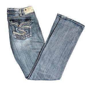 Silver McKenzie Flap Distressed Sequin & Embroidered Straight Leg Jeans